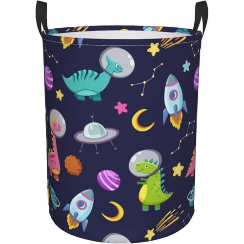 Space Dinosaur Laundry Hamper Large Collapsible Laundry Baskets with Handles Easy Carry Round Storage Basket Dirty Clothes Hamper Blanket Basket for College Dorms Bedroom Toy (M)