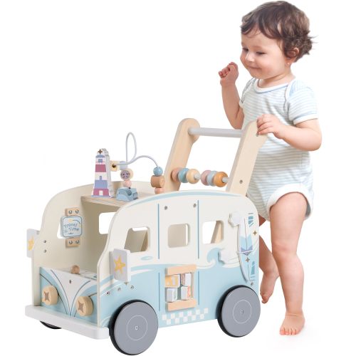 Robud Baby Push Walker Wooden Furniture Multi-Functional Toy Vacaction Bus for Boys Girls Kids Gift,Blue