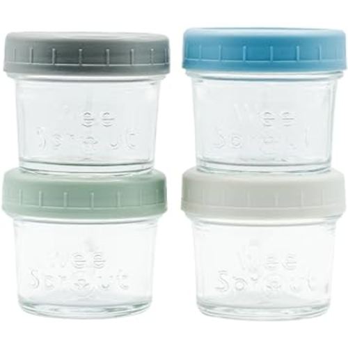 WeeSprout Glass Baby Food Storage Jars w/Lids (4 oz, 4 Pack Set) Snack, Puree, Reusable Small Containers, Breast Milk, Fridge or Freezer, Microwave & Dishwasher Safe, Essential Must Have for Infants