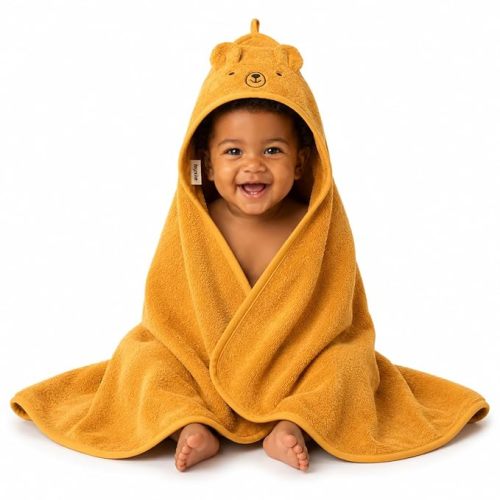 Hooded Baby Towel – 100% Organic Cotton Baby Bath Towels – Baby Boy and Girl Newborn Essentials - Super-Soft and Absorbent. (Bear - Autumn Yellov)