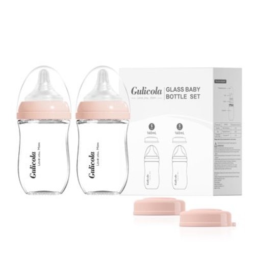 Gulicola Natural Glass Baby Bottle for Breastfeeding, Wide Neck with Slow Flow Nipple, 1 Months+, 5 oz, 2 Pack - Pink
