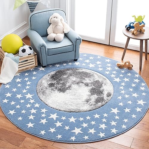 SAFAVIEH Carousel Kids Collection Area Rug - 5'3" Round, Light Blue & Grey, Non-Shedding & Easy Care, Ideal for High Traffic Areas for Boys & Girls in Playroom, Nursery, Bedroom (CRK135L)