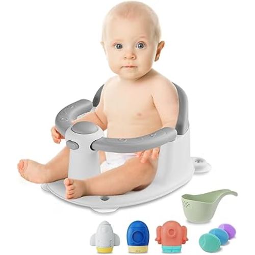 TOSGN Baby Bath Seat for Babies 6 Months & up, 3 Baby Bath Toys, Non-Slip Baby Bath Seat, Safe & Comfortable Baby Bath Support, for Bathtub/Living Room/Shower Room, Grey