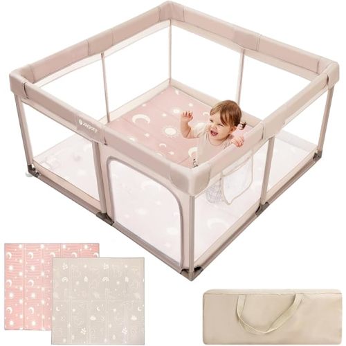 Baby Playpen with Mat, 50x50x27 IN - beige ou en bois