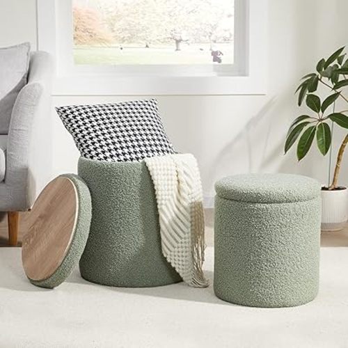 Boucle Round Ottoman with Storage Set of 2,Small Foot Stool Ottoman for Living Room, Ottoman Coffee Table,Vanity Stool with Storage for Bedroom, Green