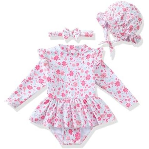 Renotemy Infant Baby Girls Swimsuit Toddler Bathing Suit Long Sleeve Zipper One-Piece Rash Guard Ruffle Swimwear with Hat