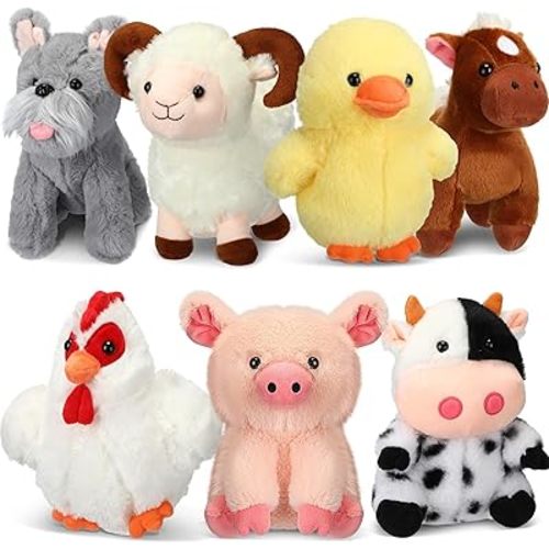 Hiboom 7 Pack Farm Stuffed Plush Animals Toys Set 8 Inch Barnyard Stuffed Animals Bulk Soft Pig Rooster Horse Duck Sheep Cow Dog Toy Gifts for Birthday Party Favor Supplies