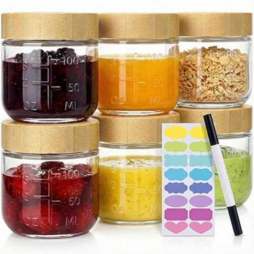 3oz Glass Salad Dressing Containers with Bamboo Lids - 6 Pack Small Airtight Condiment Cups, Leakproof Mini Sauce Jars for Picnic, Ketchup, Dip & Snacks, BPA-Free & Dishwasher Safe