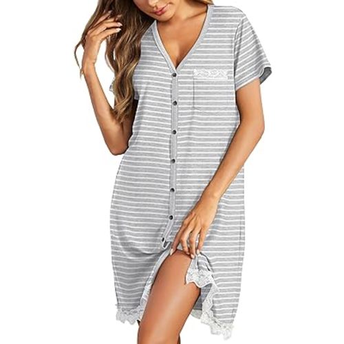 Ekouaer Women Striped Nightgowns Button Down Sleepshirts Short Sleeves Nightshirts