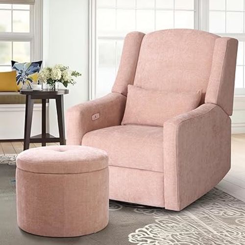Power Recliner Chair Swivel Glider, Large Nursery Glider with Ottoman & USB Charging Port, Chenille Upholstered Rocker Glider Recliner for Nursery,Living Room, Coral Pink