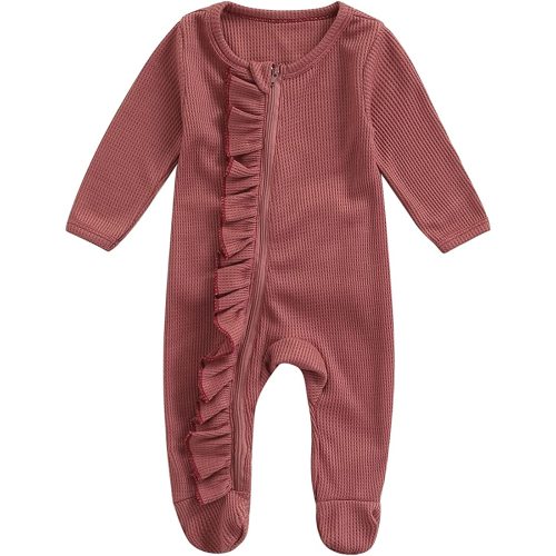 Newborn Baby Girl Footie Waffle Knit Romper Zippers Ruffle Onesie Fall Winter Clothes