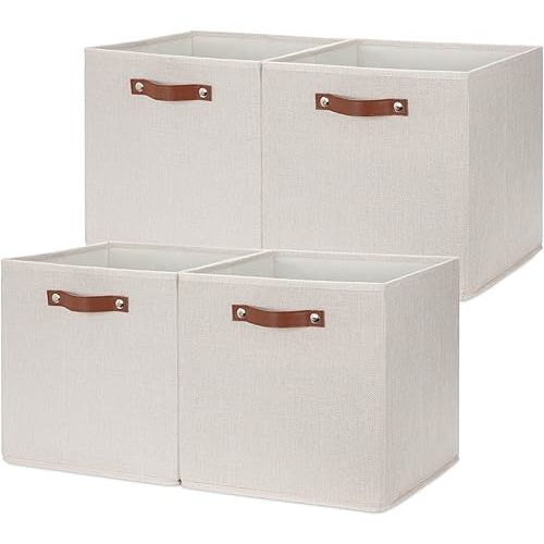 HNZIGE Large Storage Baskets Set of 4 Bins Collapsible Storage Baskets,13x13 Storage Cube Bins with Handles,Foldable Storage Cube Bins for Shelves, Closet Storage Organizer Home Nursery Office(cream)