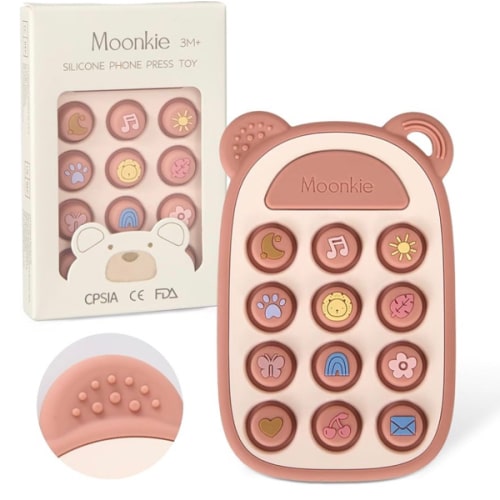 Moonkie Silicone Press Phone Teething Toy for Baby 3 Months+ | Soft BPA-Free Teether with Icon & Number Pop Bubbles | Ideal Gift for Baby Girls