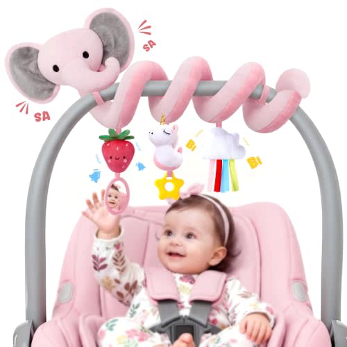 Spiral Car Seat Toys for Baby Girls 0-6 Months, Cute Pink Elephant Strawberry Stuff, Perfect Newborn Shower Gifts for Girls Essentials
