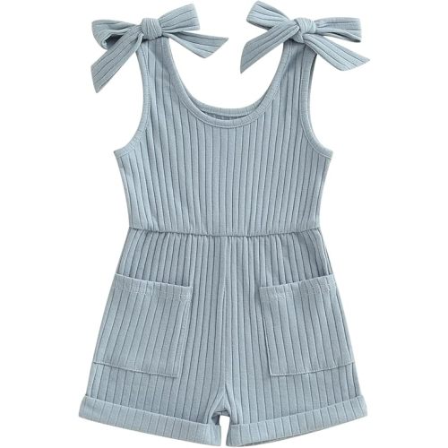 Toddler Baby Girl Sleeveless Jumpsuit Solid Ribbed Knitted Romper Shorts Overalls One-Piece Outfit Summer Clothes