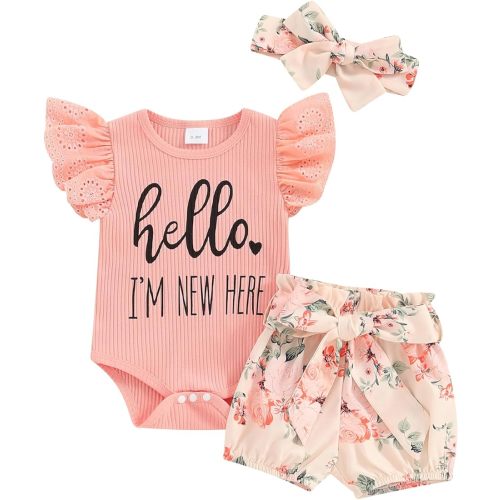 Hello World Newborn Outfit Baby Girl Going Home Outfit Ruffle Ribbed Romper Top Floral Pants Set Cute Summer Clothes