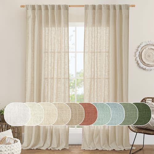 LAMIT Light Filtering Linen Curtains 84 inches Long for Bedroom, Faux Linen Textured Semi Sheer Back Tab and Rod Pocket Burlap Boho Modern Drapes for Living Room/Farmhouse, 2 Panels, 52 x 84 Inch