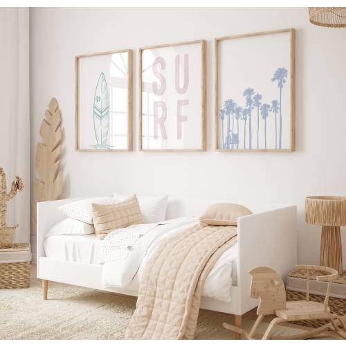 Set of three prints for surf nursery, pastel beach girl room decor, beachy wall art, surfer girl print for surfing nursery