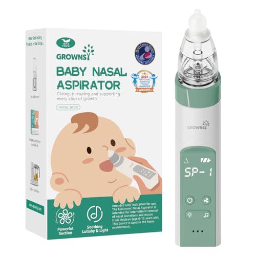 GROWNSY Nasal Aspirator for Baby, Electric Nose Aspirator for Toddler, Baby Nose Sucker, Automatic Nose Cleaner with 3 Silicone Tips, Adjustable Suctions, Music and Light Soothing Function (Green)