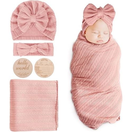 BQUBO Baby Swaddle Blankets for Girls, 4PCS Newborn Accessories Set with Matching Hat and Bow Headband with Card
