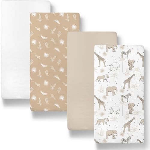 The Peanutshell Baby Organic Bassinet Sheets 4-Pack Boy or Girl - Ultra Soft & Rectangle Baby Sheet, 100% Jersey Cotton, Fitted Covers for Crib, Halo Bassinet Mattress - Caramel Safari
