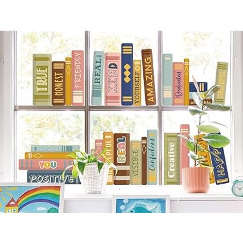 Boho Book Window Clings Inspirational Window Stickers Double Sided Motivational Glass Decals for Classroom Library Nursery Decor, 6 Sheet