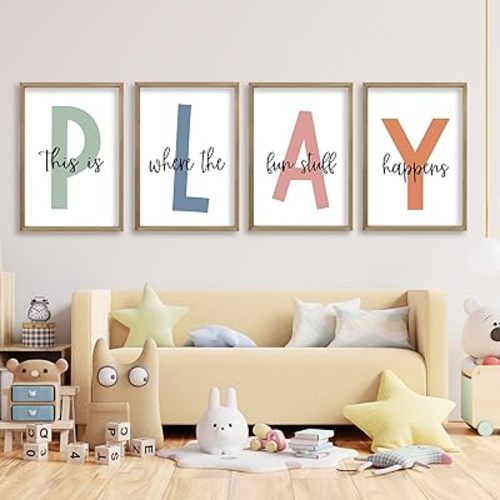This Is Where The Fun Stuff Happens Kids Playroom Wall Art 11x16 Inch Set Of 4 Rustic Kids Wood Framed Boy Sign Toddler Modren Nursery Interesting Let's Play Prints Wall Hang Decor (Wood)