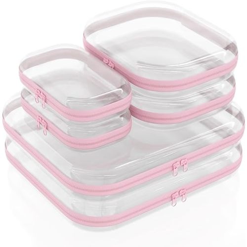 Clear Hard Zipper Case 6 Pack, Clear Travel Makeup Bag, Travel Toiletry Bag for Women, Pink Zippered Toy Storage, Make Up Organizer Pouch, Hard Plastic Toiletry Organizer, 2x 14" 2x 10" 2x 8"
