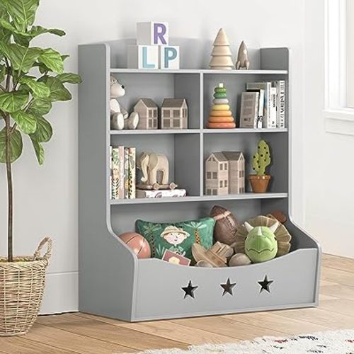 Kids Bookshelf, Three-and-a-Half Tier Wooden Bookcase, Bookshelf for Playing Room, Nursery, Bedroom, Toy Storage Cabinet with 5 Cube Units, Star Pattern Kids' Toy Storage Organizer, Gray
