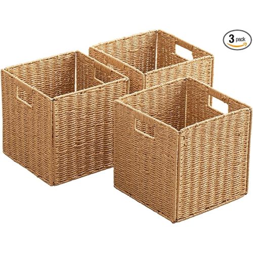 Foldable Storage Baskets with Handles Paper Rope Storage Baskets Rectangle Collapsible Hand Woven Storage Cubes Bins for Organizing Shelves Living Room Bedroom Pantry (3, 11'' x 11'' x 11'')