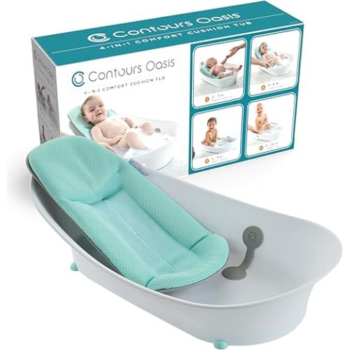 Contours Oasis 4 in 1 Comfort Cushion Baby Bath Tub, Portable Infant Bathtub Seat, Supportive for Newborns and Toddlers 0-24 Months, Grow with Me Design, Quick Dry Mesh Pad, Easy to Clean, Blue/White