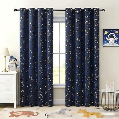 Stellar Metallic Full Blackout Window Curtain Panels 63 Inches Long Grommet Design for Kid Energy Efficient Thermal Insulated Window Treatment Set for Boy Bedroom/Nursery,52"x63"x2,Navy