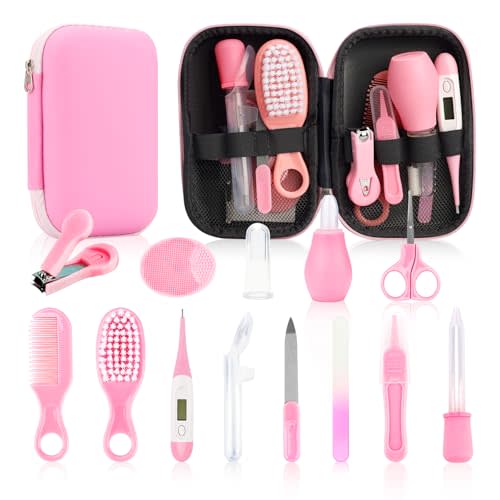 Baby Healthcare and Grooming Kit, 14 in 1 Baby Safety Set Newborn Nursery Health Care Set with Hair Brush Scale Nail Clippers for Baby Girls Boys (14 Kits Pink)