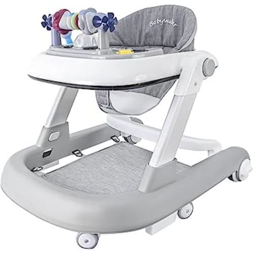 Foldable Baby Walker, 3 in 1 Toddler Walker Bouncer, Learning-Seated, Walk-Behind, Music, Adjustable Height, High Back Padded Seat, Detachable Trampoline Mat, Activity Walker with Toys (Grey)