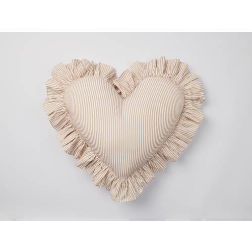 Beige stripe cotton heart ruffled cushion