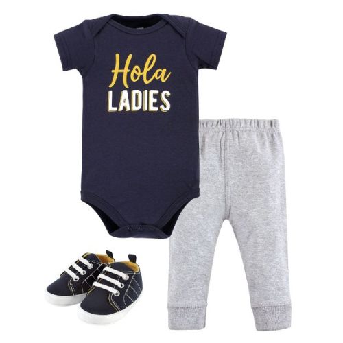 Hudson Baby Infant Boy Cotton Bodysuit, Pant And Shoe Set, Hola Ladies Short Sleeve, Newborn