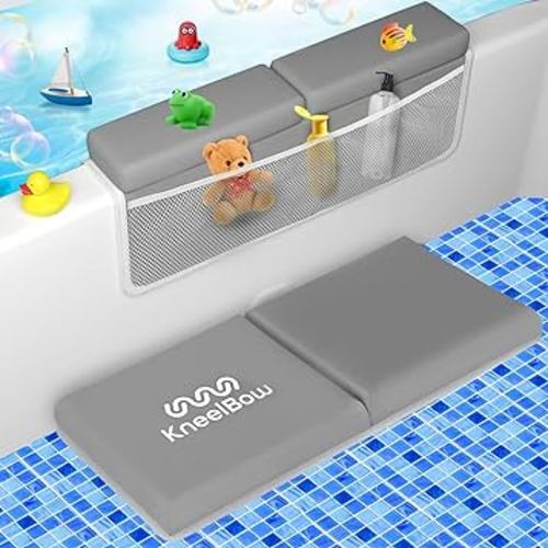 Baby Bath Kneeler and Elbow Rest Pad 2 Pieces Set with 3 Spacious Pocket to Organize Baby Acessories, 1.5" Thick Non-Slip, Soft, Fast-Drying Foldable Toddler Bath (Grey)