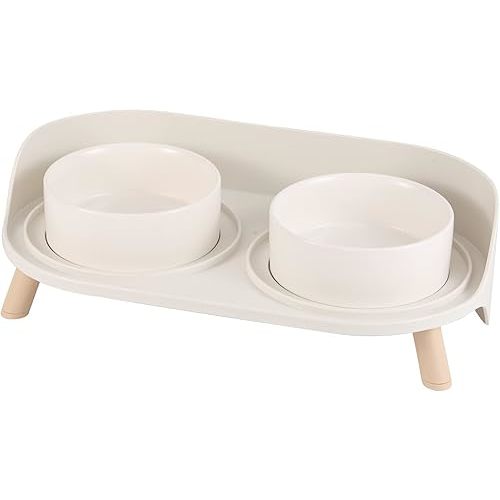 Cat Food Water Bowl Set - Raised Cat Bowls with Non Slip Stand - Elevated Puppy Bowls for Small Dogs - Double Ceramic Cat Feeding Bowls with Splash Proof Guard - Tall Cat Dishes - 2 x 480 ML - 16.2 OZ