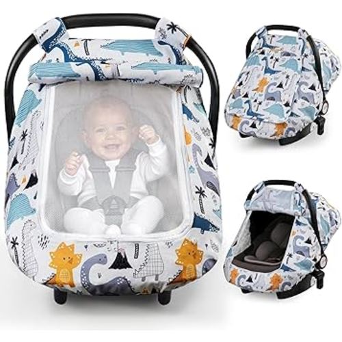 Elstey Car Seat Cover Baby, Minky Dot Carseat Covers Baby Girls, Lightweight Infant Car Seat Cover Canopy with 2 Layers Breathable Mesh Windows, Stroller Carrier for Babies Newborn Essentials