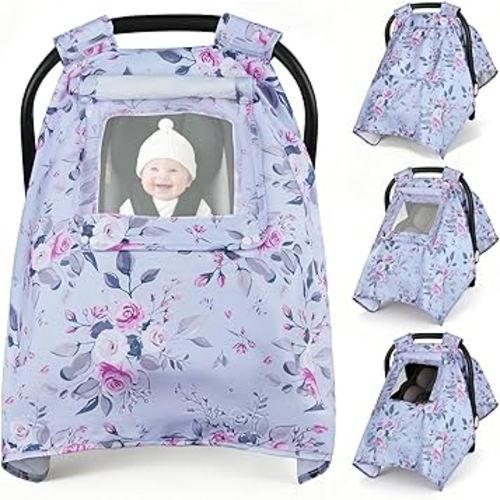 Car Seat Cover Baby, Carseat Covers Baby with 2 Layers Breathable Windows, Windproof Infant Car Seat Cover, Kick-Proof Baby Carrier Cover for Baby Girl Newborn Essentials
