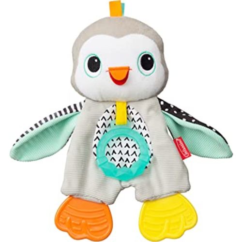 Infantino Cuddly Teether, Penguin Character, 3 Textured Teething Places to Soothe Sore Gums, BPA-Free Silicone, Soft Fabric Textures to Explore, Crinkle Sounds to Discover, for Babies 0M+