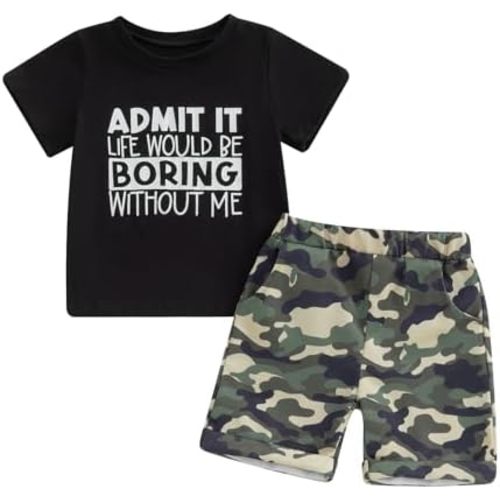 wdehow Toddler Kids Baby Boy Summer Clothes Sets 1T 2T 3T 4T 5T Letter Print Short Sleeve Tops Camouflage Shorts Outfits