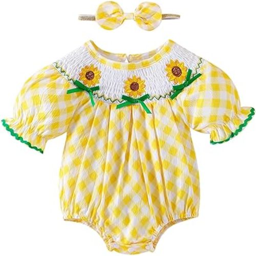 Baby Girl Clothes Smocked Romper Newborn Plaid Short Sleeve Bubble Bodysuit + Bow Headband Summer Outfits 0-18 Months
