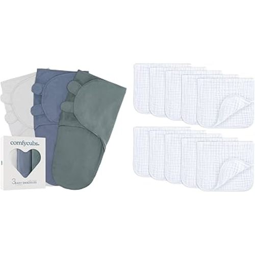 Comfy Cubs Swaddle Blanket Baby Girl Boy Easy Adjustable 3 Pack and Muslin Burp Cloths Large 100% Cotton Bundled