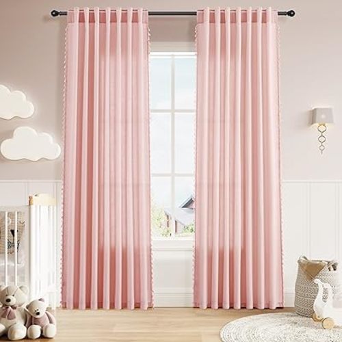 Naturoom Pink Boho Linen Curtains for Girls Bedroom Nursery Room 84 Inches Long 2 Panels Bohemian Chic Tessels Kids Cute Curtain for Baby Room Light Filtering Back Tab Rod Pocket Drapes 52X84