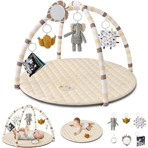 Blissful Diary Baby Play Gym Mat, Tummy Time Activity Mat with 6 Detachable Toys for Stage-Based Sensory & Motor Skill Development, Easy to Install & Clean, Baby Essentials Gift, Sandy Beige
