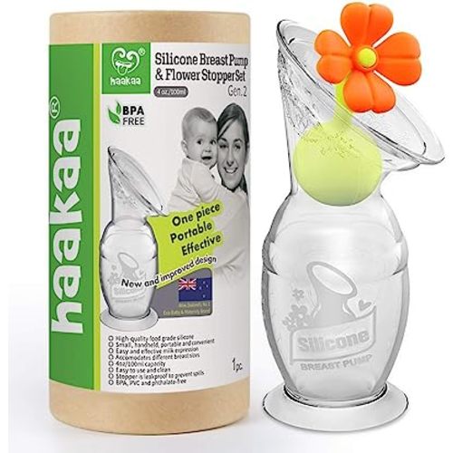 Haakaa Silicone Breast Pump with Suction Base and Flower Stopper 100% Food Grade Silicone BPA PVC and Phthalate Free (4oz/100ml) (Orange)