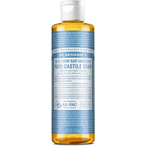 Dr. Bronner's - Pure-Castile Liquid Soap (Baby Unscented, 8 Ounce) - Made with Organic Oils, 18-in-1 Uses: Face, Hair, Laundry, Dishes, For Sensitive Skin, Babies, No Added Fragrance, Vegan, Non-GMO