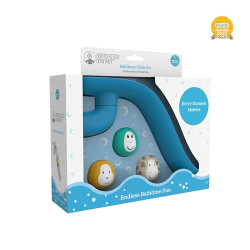 Matchstick Monkey, Bathtime Slide Set, Baby Bath Toy w/Biocote Protection to Keep Fresh & Clean, Sensory Learning - Slide Set (1 Slide + 3 Fun Animal Character Rocks), 6 Months Old+, Blue
