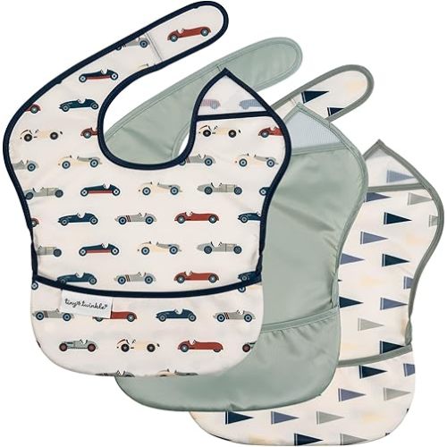 Tiny Twinkle Mess-Proof Baby Bibs for Eating | Waterproof, Wipeable Toddler Bibs with Catch-All Pocket | Feeding Bibs for Girls & Boys(3 Pack,Vintage Cars,Varsity Flags)